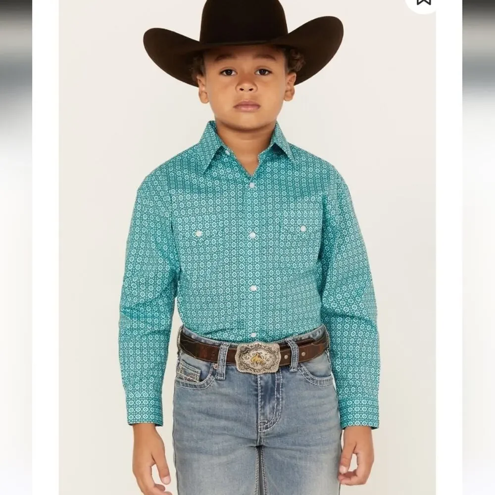 Panhandle Rough Stock Boys Pearl Snap Western Shirt Turquoise Sz.M (10)#1179